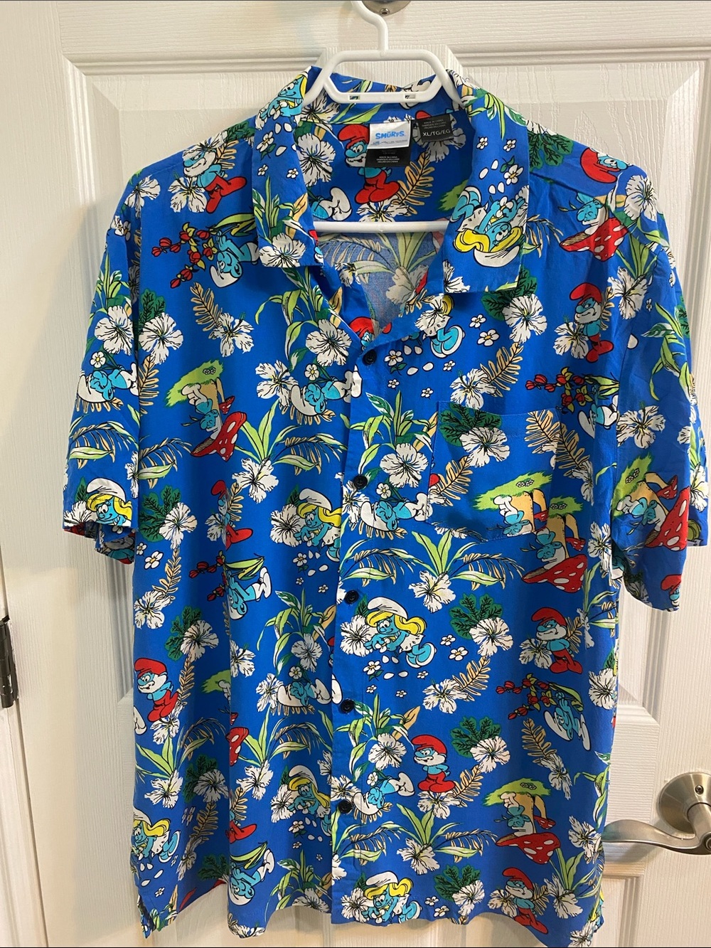 SMURFS Hawaiian Tropical Smurf All Over Print Button Down Shirt Mens XL Fun Gift